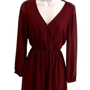 Express - Wine Colored Fit and Flare Dress with Sheer Sleeves